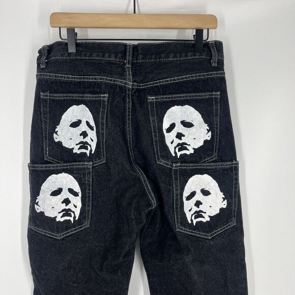 Michael Myers Halloween Jeans Size 32x30 Black Denim Y2k Horror Gothic Bat Baggy - Picture 5 of 7